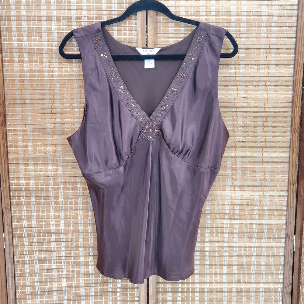 ♧ Vintage Outfit JPR Brown V Neck Silk Beaded Babydoll Sleeveless Top Size XL